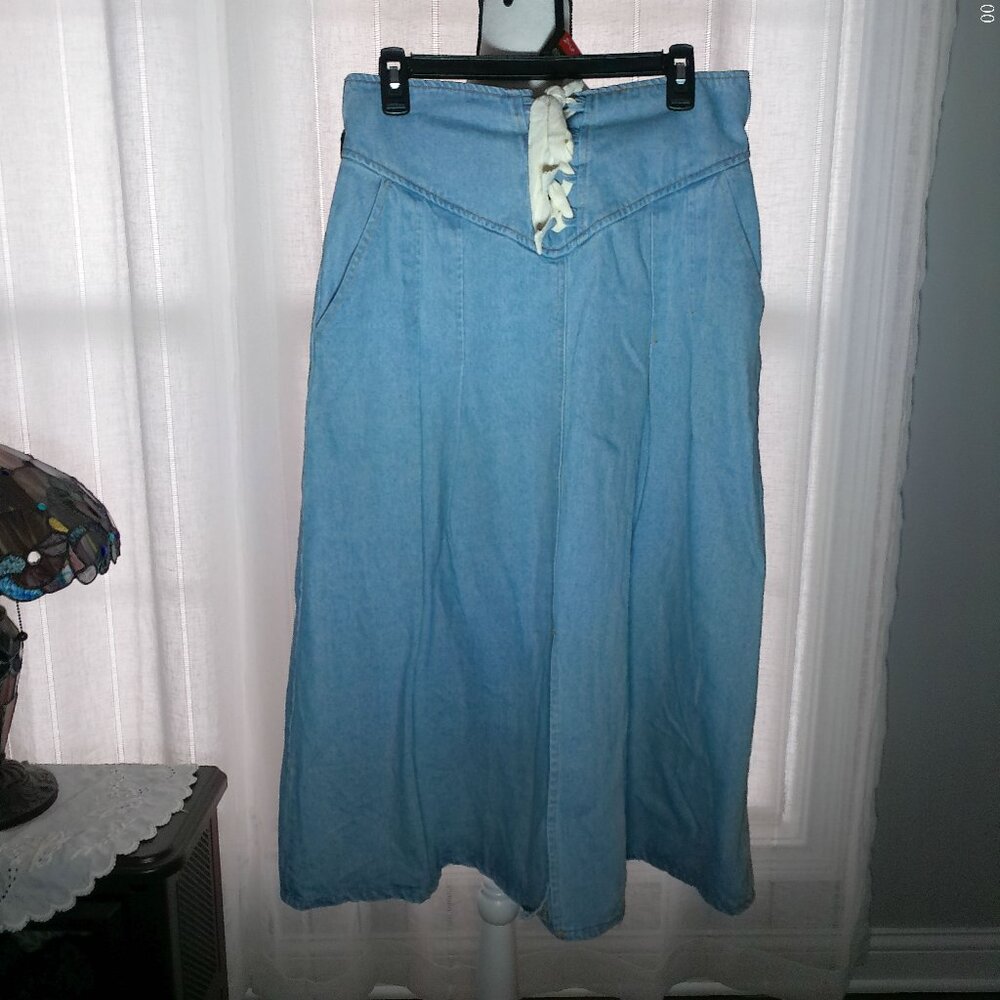 ALICE BLUE Denim Midi Skirt w/Slit Pull-On Style w/Tie Medium Wash Blue NWT XL